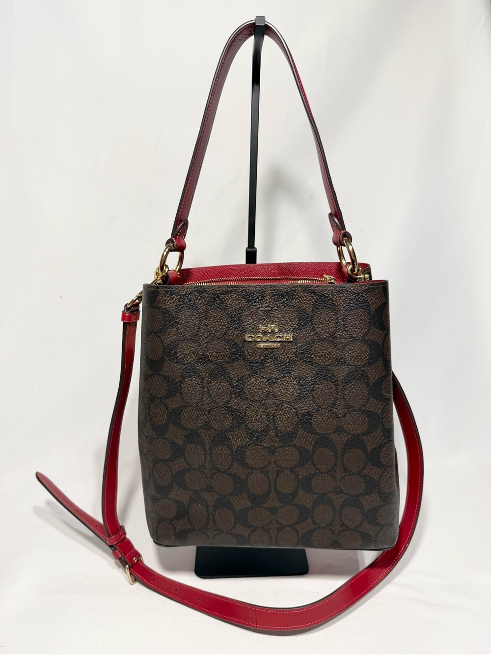 Coach Brown Signature Canvas Shoulder Bag with Red Trim